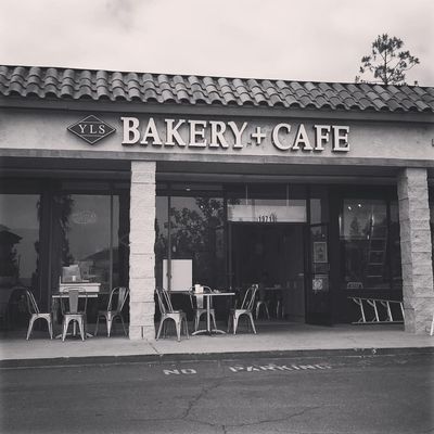 Black and white photo of YLS Bakery and Cafe storefront in Yorba Linda