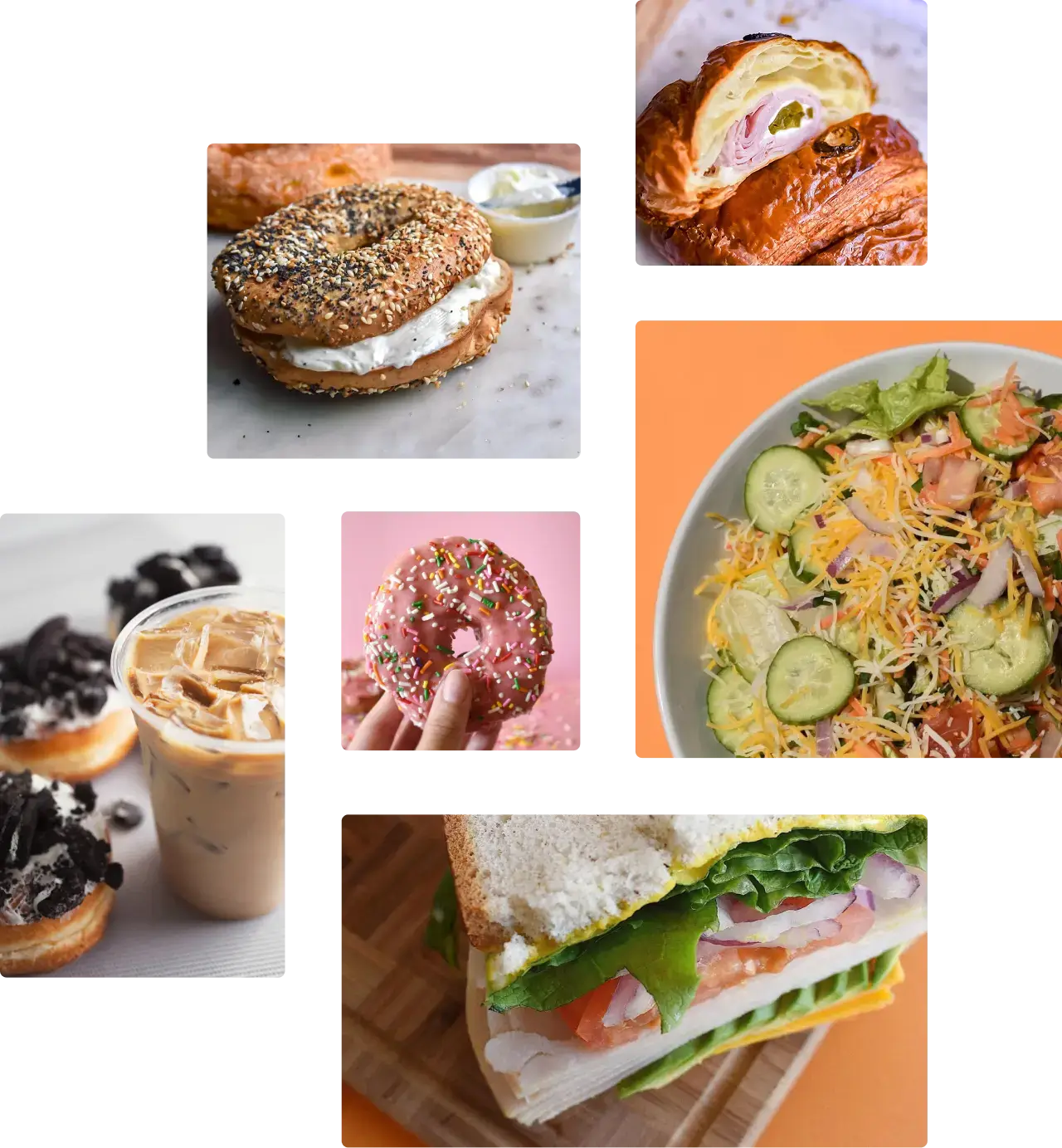 Collage of YLS pastries, sandwiches, bagels, and beverages
